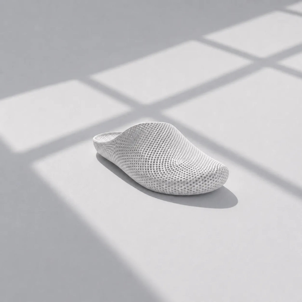 EASE 01 3D printed house slipper —  showing fine mesh lattice upper and minimal sole