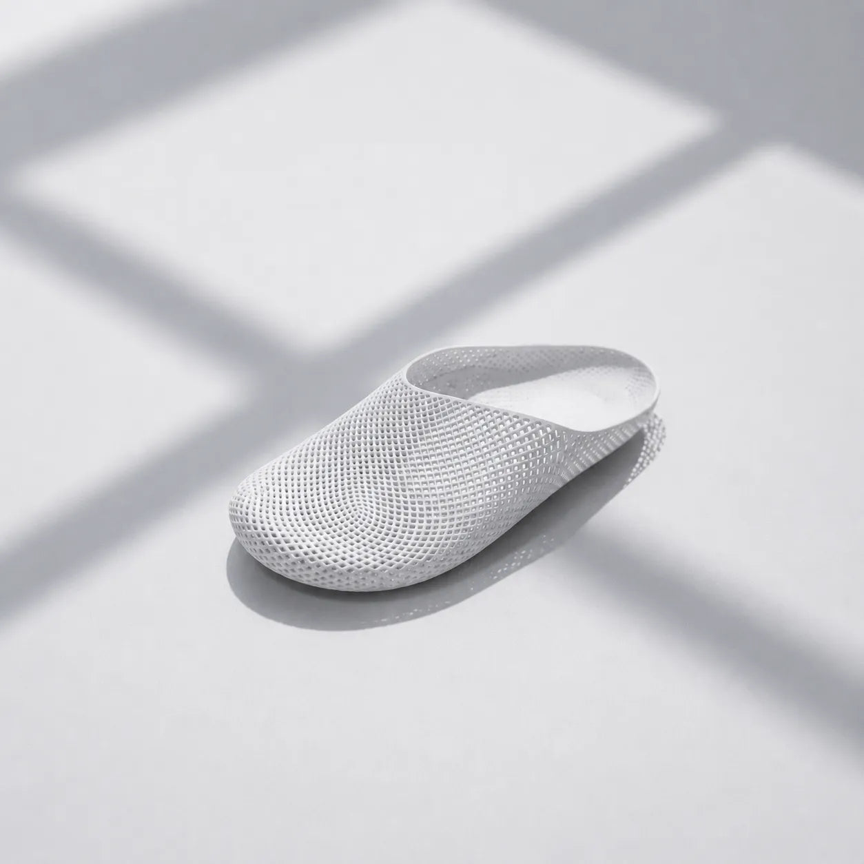 EASE 01 3D printed house slipper —  showing fine mesh lattice upper and minimal sole