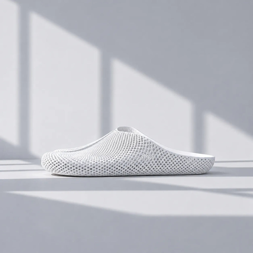 EASE 01 3D printed house slipper —  showing fine mesh lattice upper and minimal sole