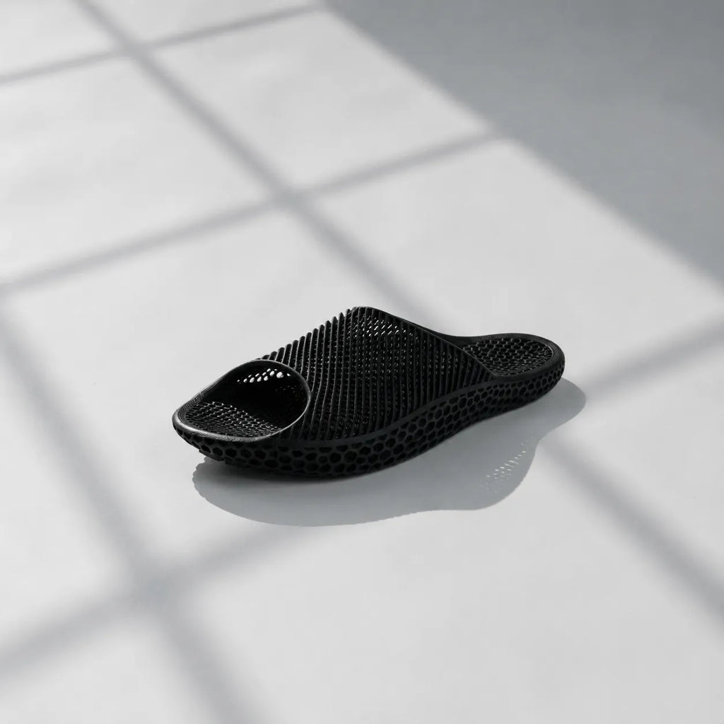 EASE 02 3D printed slide sandal — wave-textured upper and open honeycomb lattice sole