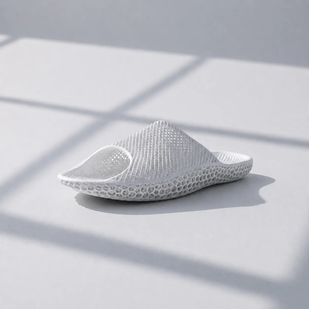 EASE 02 3D printed slide sandal — wave-textured upper and open honeycomb lattice sole