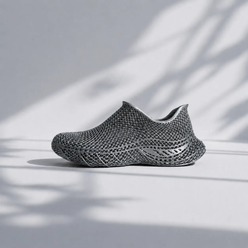 EXTRALOGIA FORM02 3D printed shoe pair — showing triangulated open-lattice structure