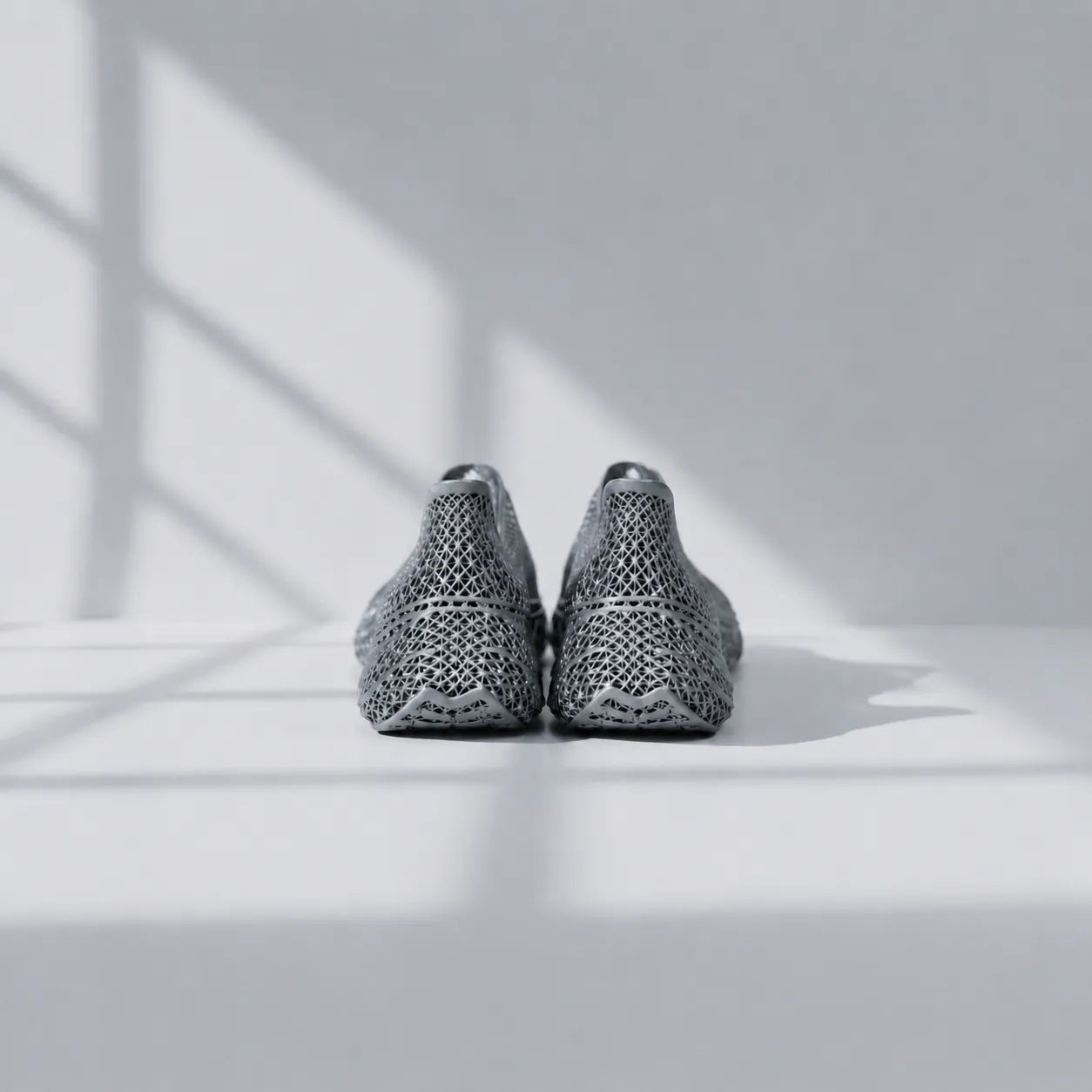 EXTRALOGIA FORM02 3D printed shoe pair — showing triangulated open-lattice structure