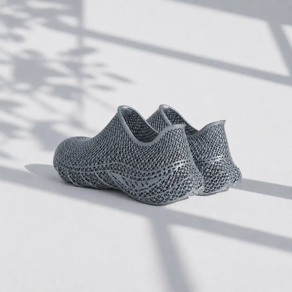 EXTRALOGIA FORM02 3D printed shoe pair — showing triangulated open-lattice structure