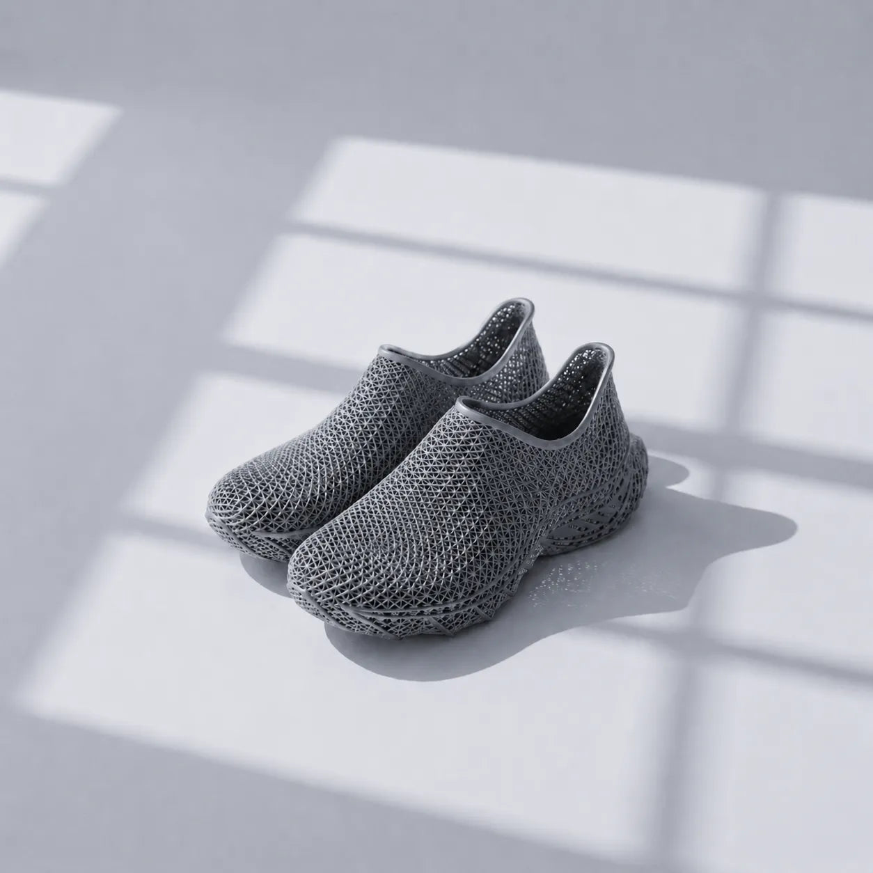 EXTRALOGIA FORM02 3D printed shoe pair — showing triangulated open-lattice structure