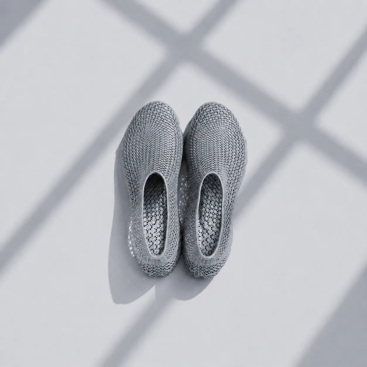 EXTRALOGIA FORM02 3D printed shoe pair — showing triangulated open-lattice structure