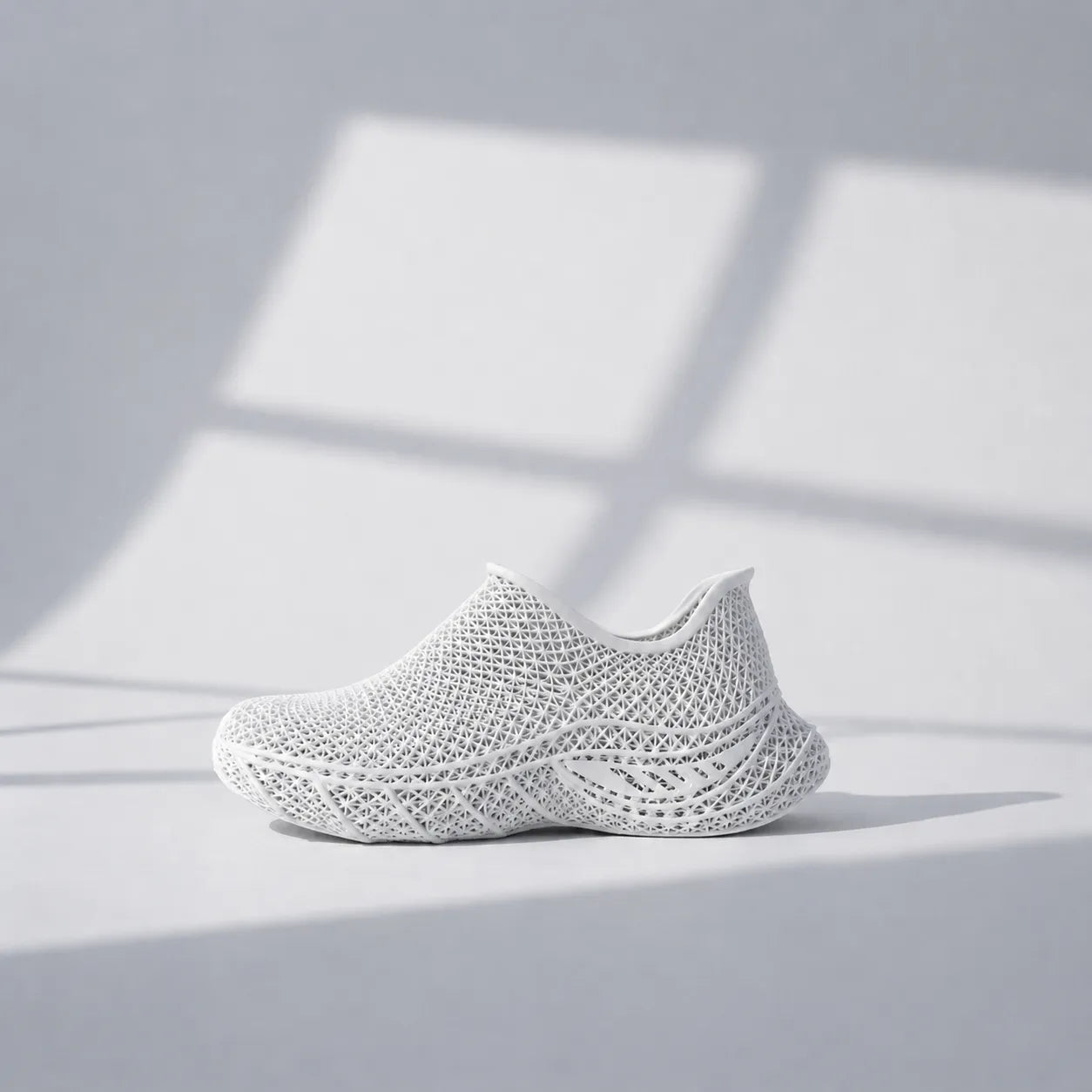 EXTRALOGIA FORM02 3D printed shoe pair — showing triangulated open-lattice structure