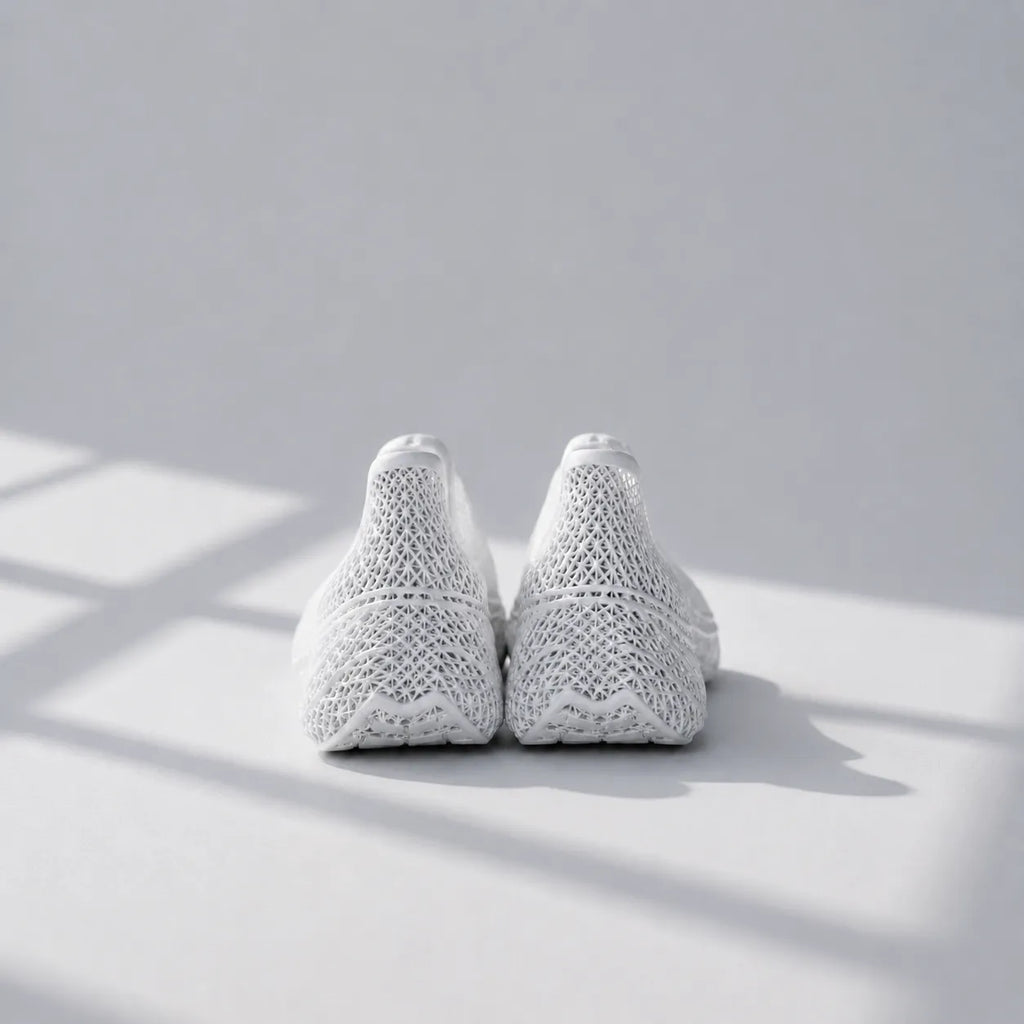 EXTRALOGIA FORM02 3D printed shoe pair — showing triangulated open-lattice structure