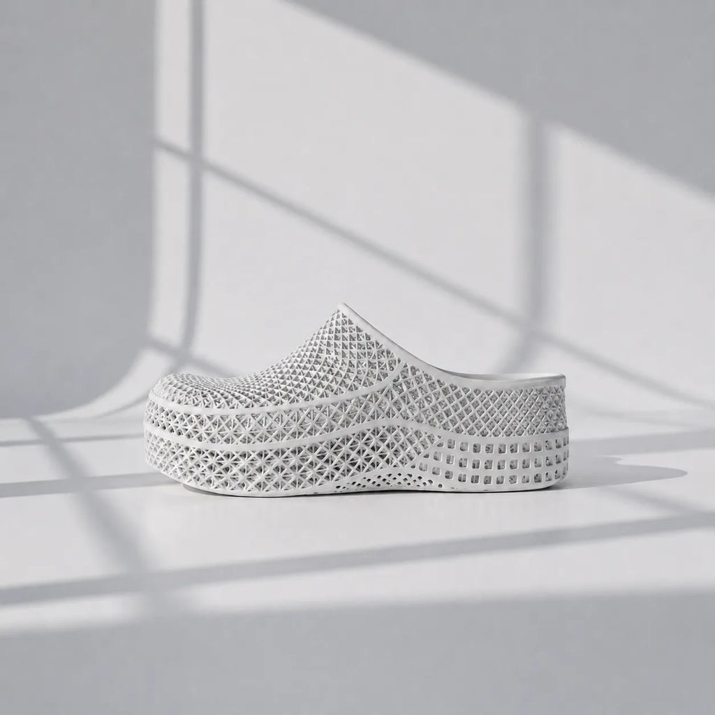 TRANSIT 01 3D printed mule — open lattice upper and platform sole