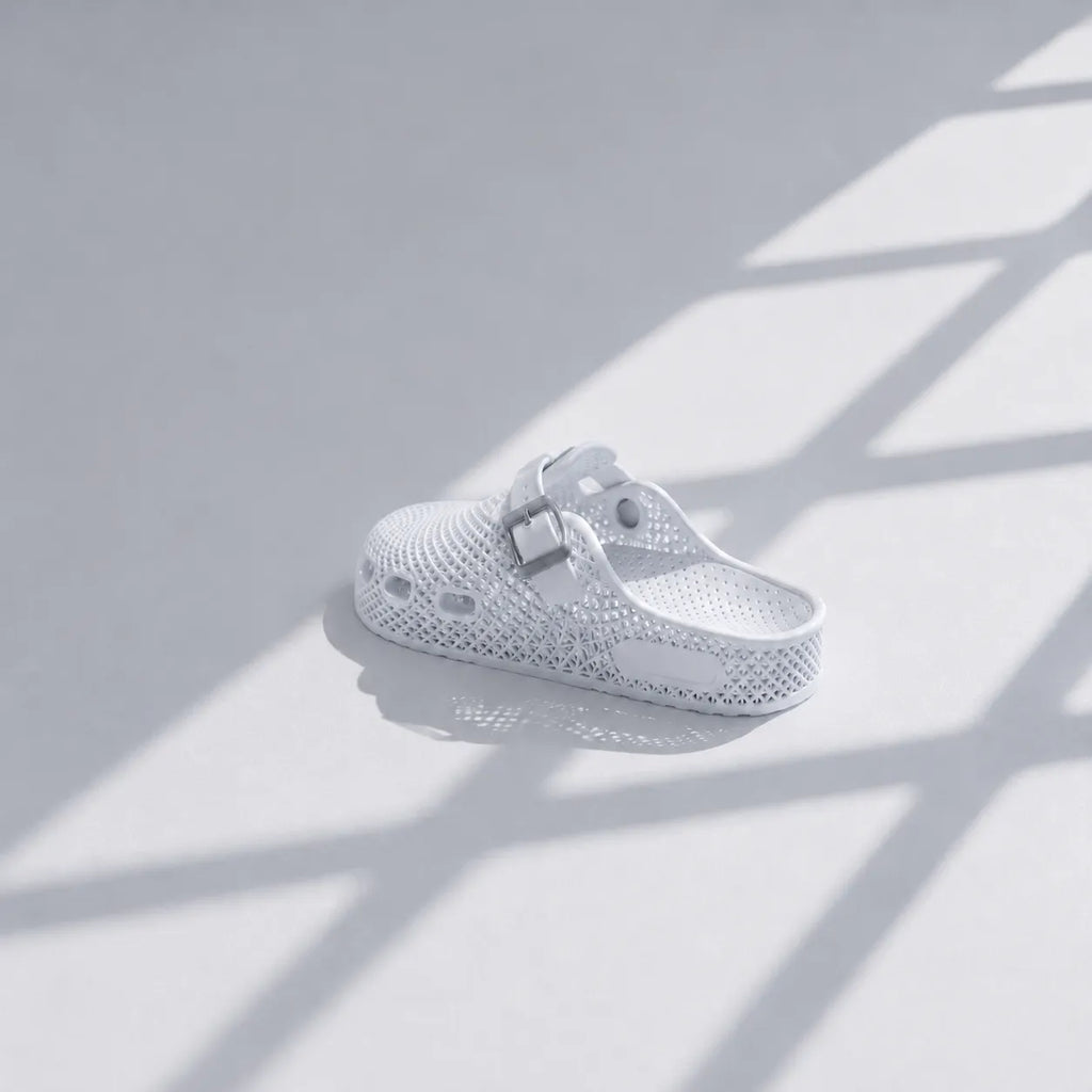 TRANSIT 02 3D printed clog — lattice upper, buckle strap, and contoured sole