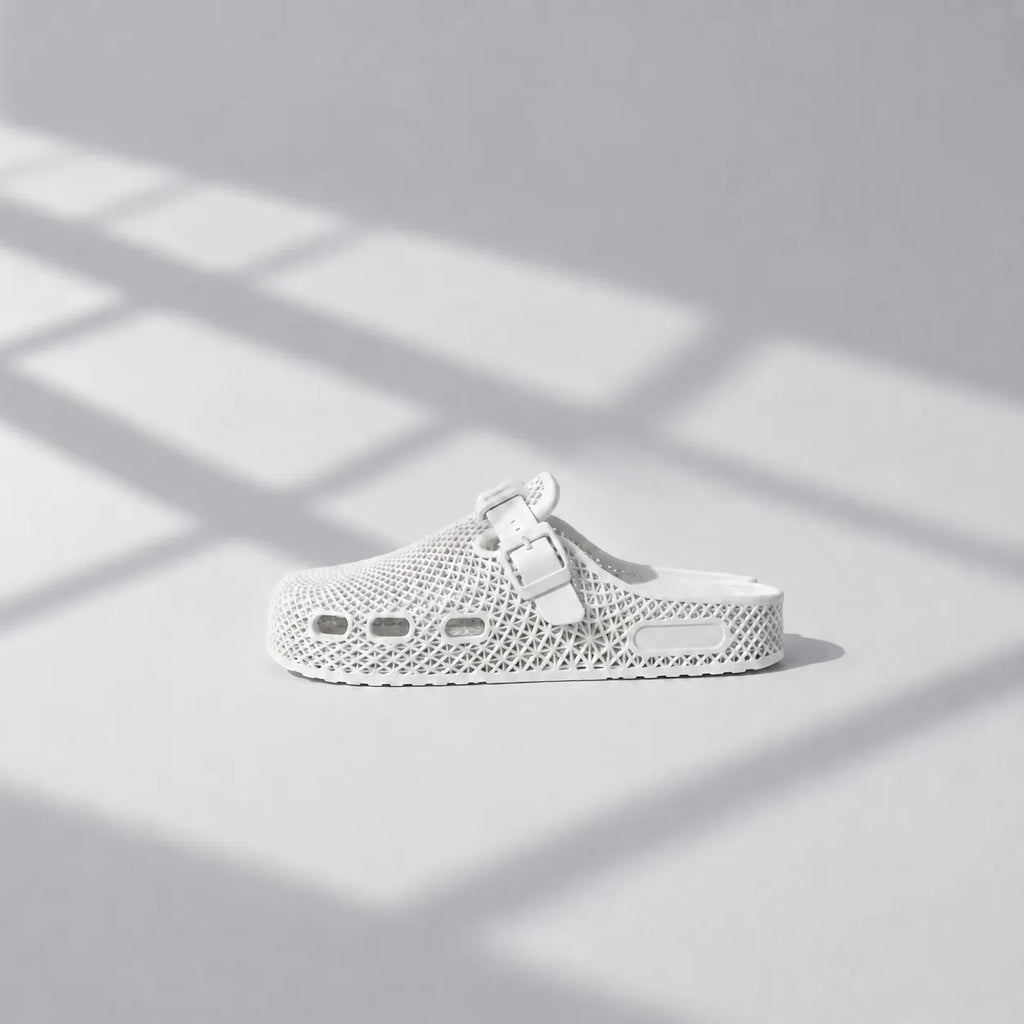 TRANSIT 02 3D printed clog — lattice upper, buckle strap, and contoured sole